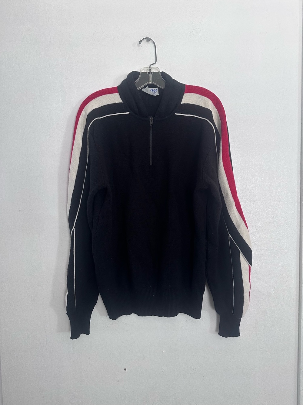 VINTAGE Meister Retro Ski Sweater 1/2 Zip Black Red White Striped Wool Blend